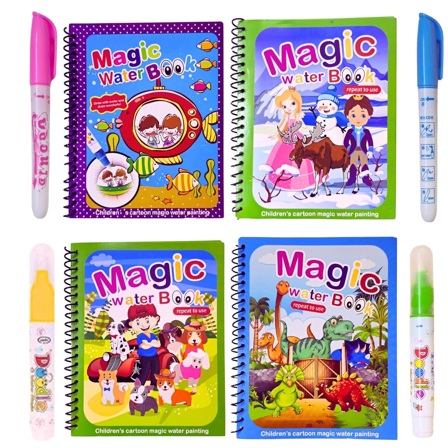 BUBBLITO Magic Book For Kids 2-5 Years – Reusable, Quick-Dry Water Drawing Mat With Doodle Pens For Creativity & Fine Motor Skills (Pack Of 4, Random Colors)
