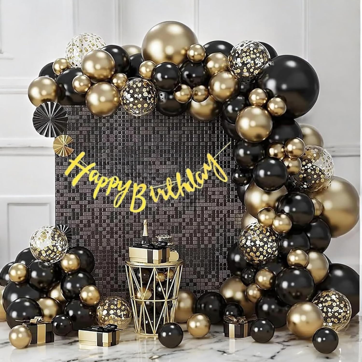 Toys Treasure We Deliver Smiles Happy Birthday Decoration Items 49Pcs Birthday Decoration Kit, Latex Combo -Black Golden Metallic-Confetti Balloons, Happy Birthday Banner (Card Board)