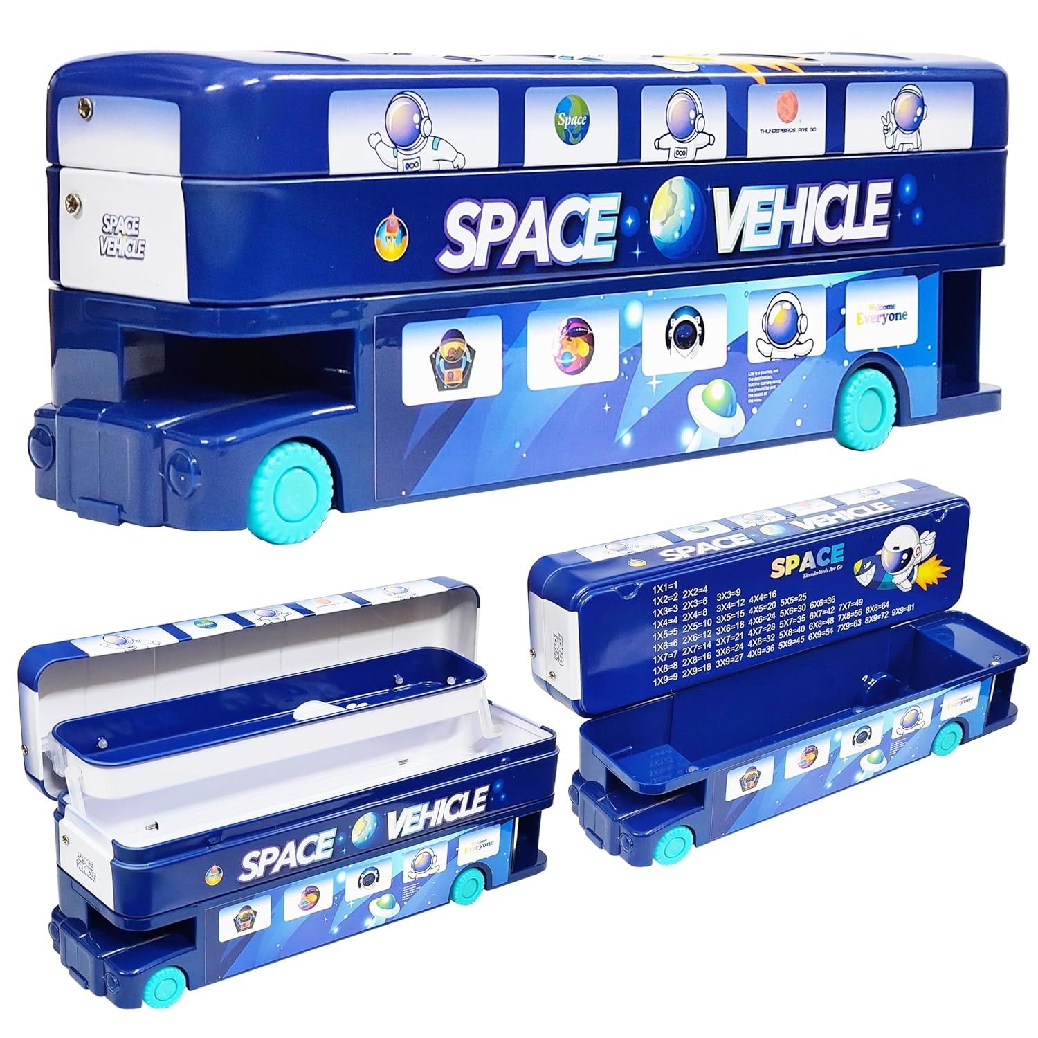 VGRASSP Space Theme Metal Bus Pencil Box for Kids - Double Decker Design with Multi-Compartments, Built-in Sharpener & Multiplication Table - Fun & Durable School Stationery Box