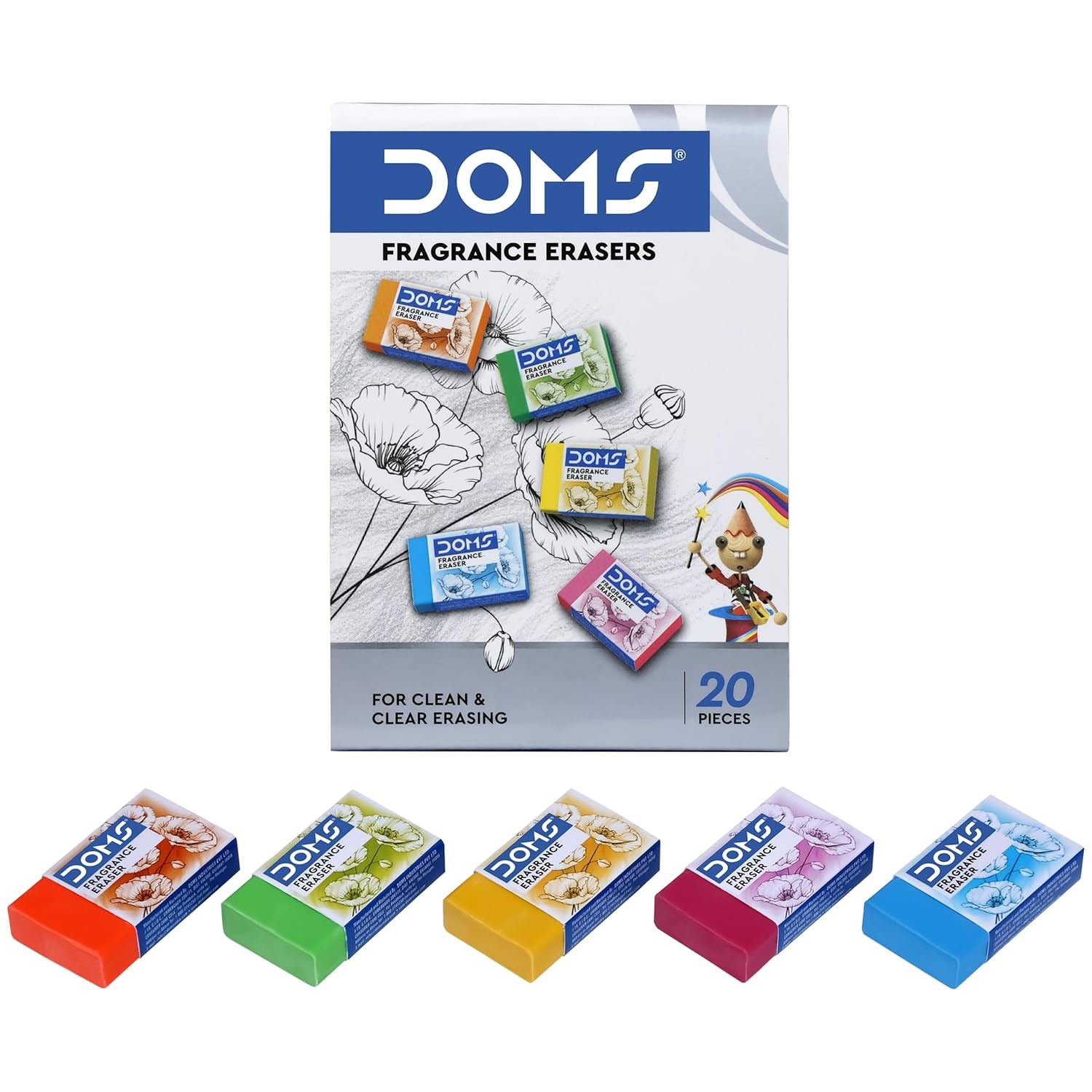 Doms Non-Toxic Fragrance Erasers Set | For Clean & Clear Erasing | Stationery Gift Item For Kids & Students | Playful Body Colors | Pack of 20 Pieces