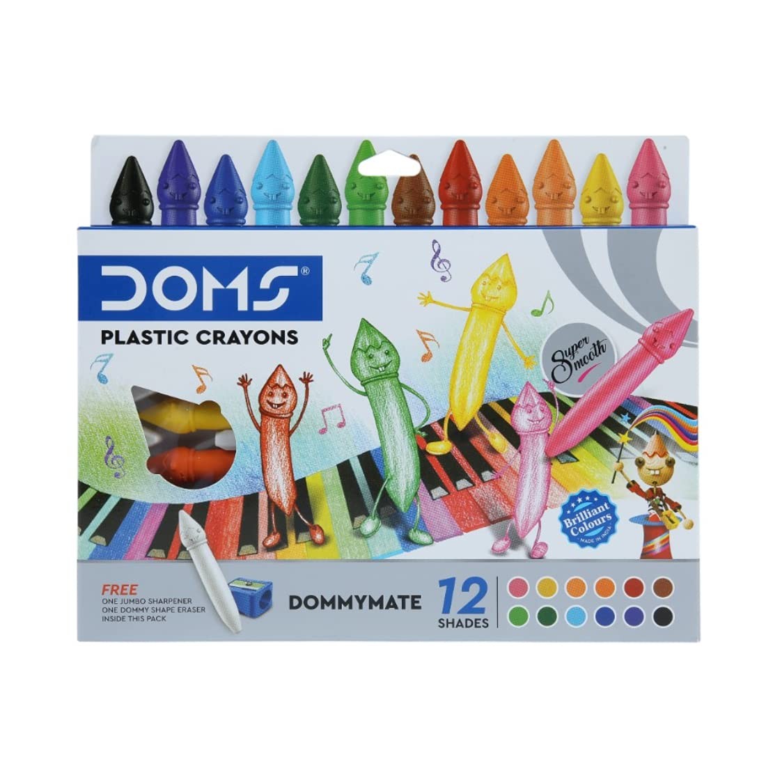 Doms 12 Shades Dommymate Plastic Crayons | Can Be Erased & Sharped | Keep Fingers Clean & Non Messy | Free Sharpner & Eraser Inside | Bright & Vibrant Colors | Pack of