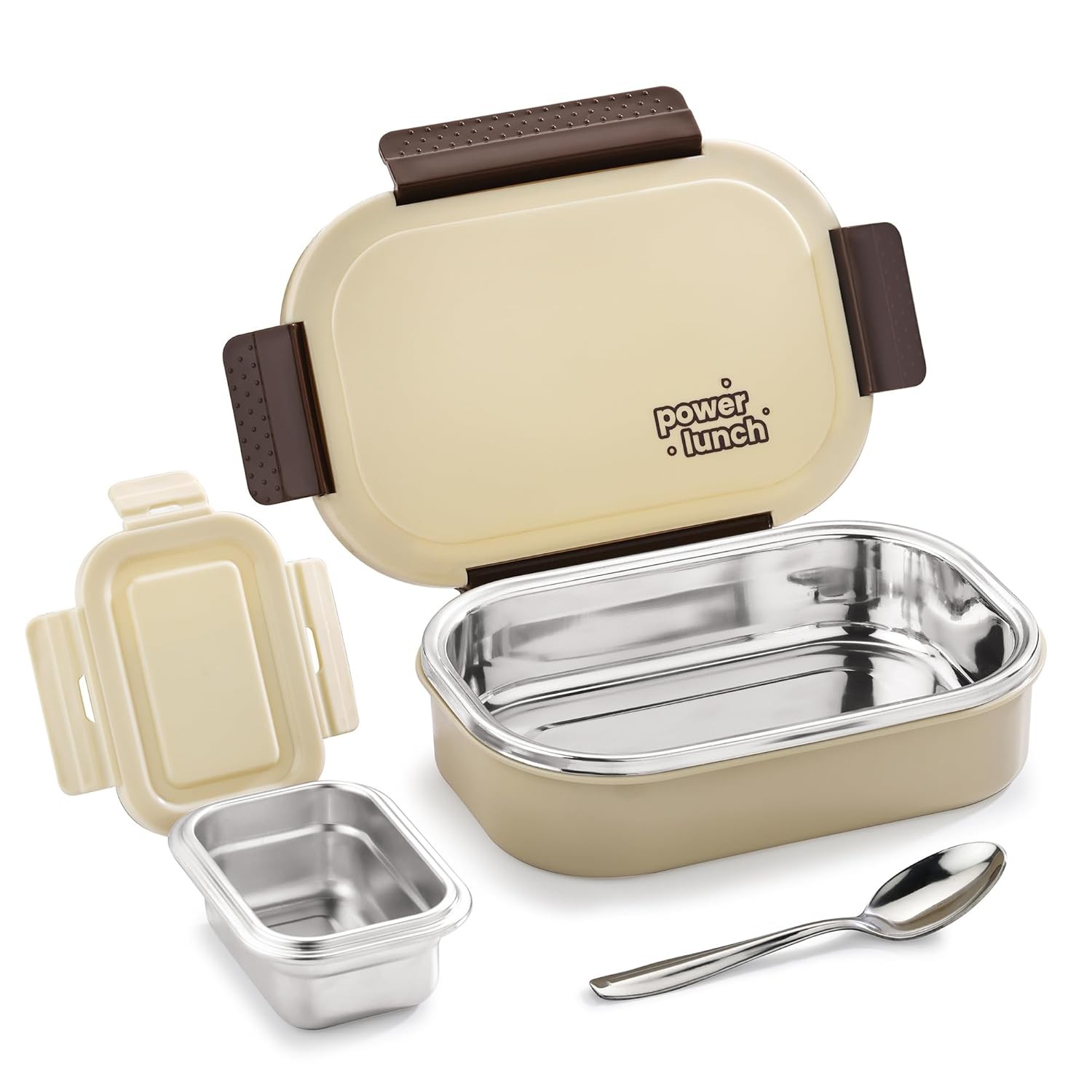PRATAP Power Lunch Stainless Steel Insulated Lunch Tiffin Box Set for School Kids Boys Girls Office Women Men with Steel Spoon Air Tight Leak Proof BPA Free Food Grade (Brown, 590 ml & 120 ml)