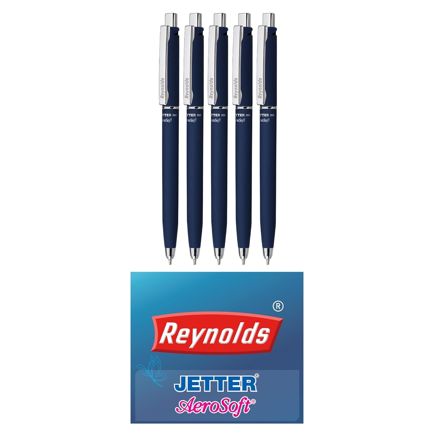 Reynolds JETTER AEROSOFT Ball Pen SET - 5 PENS BLUE | MULTI BODY COLOR BALL PEN WITH COMFORTABLE GRIP |BLUE BALL PENS FOR WRITING | PEN FOR PROFESSIONALS | 0.7 mm TIP SIZE