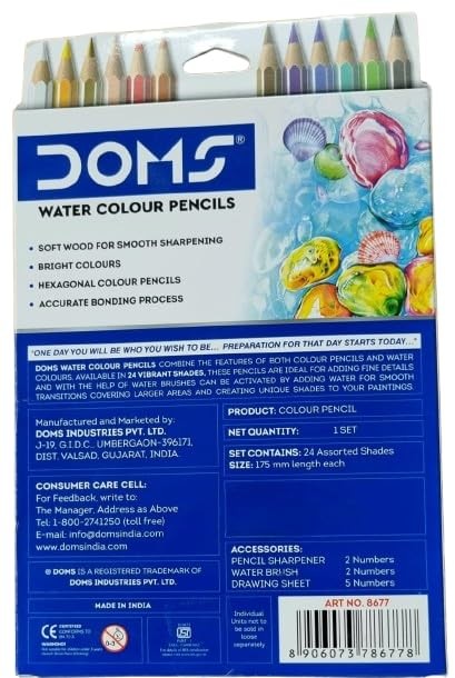 Doms Super Soft Hexagonal Pre-Sharpened Water Soluble 24 Shaes Colour Pencils | Free 5 Watercolor Paper, 2 Sharpeners & 2 Water Brushes | Can Be Use For Tattoos Making|Pack Of 1, Ink Multicolor