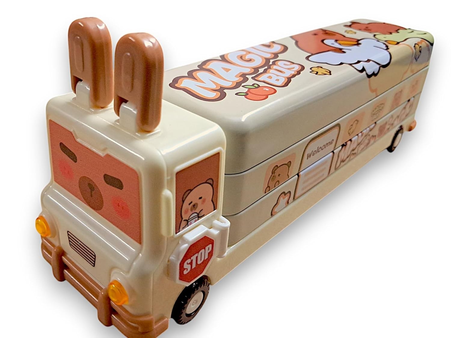 TECHNOCHITRA Rabbit Bus Pencil Box - Metal School Bus Shape with Sharpener - Dual Compartment Kids Pencil Box
