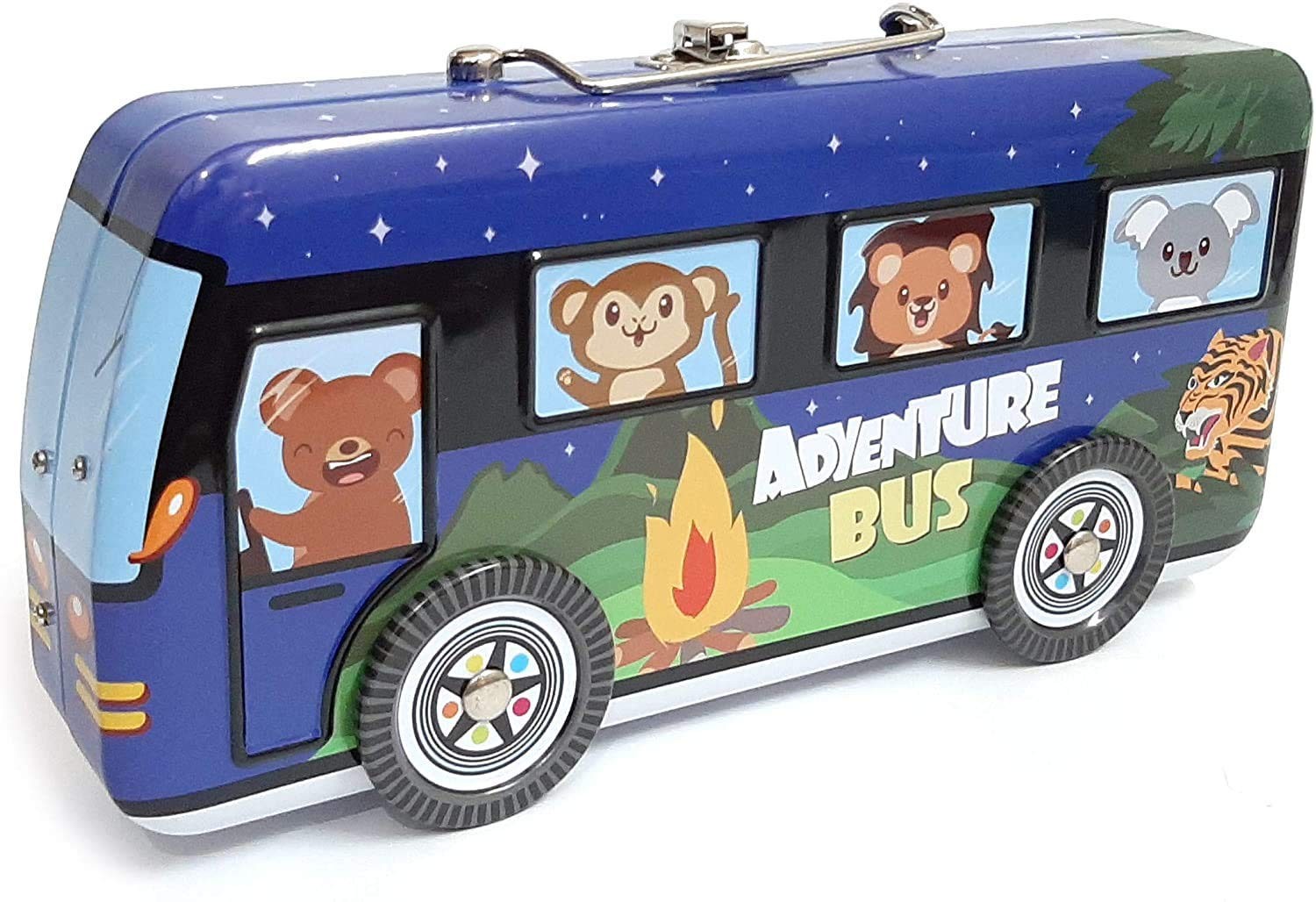 Arpit Mart Pack of 1 Printed School Bus Shape Metal Pencil Box with Dual Compartment for Kids (Adventure Bus)