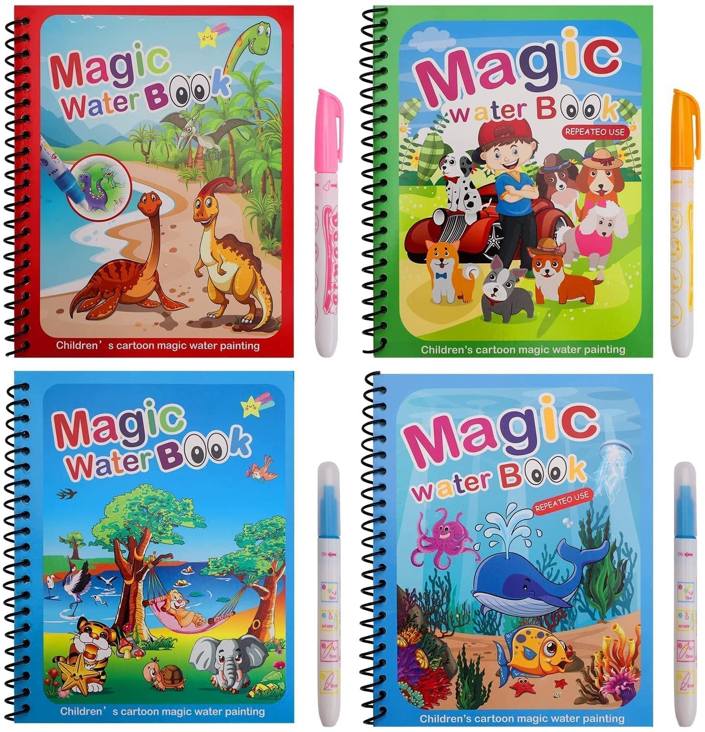 Reusable Magical Water Painting Book for 2-5 Years Kids with Magic Doodle Pen Quick Dry Coloring Paint Books Drawing Child Educational Toy Magic Book Water Paint for Kids (Random Designs) 4 Books
