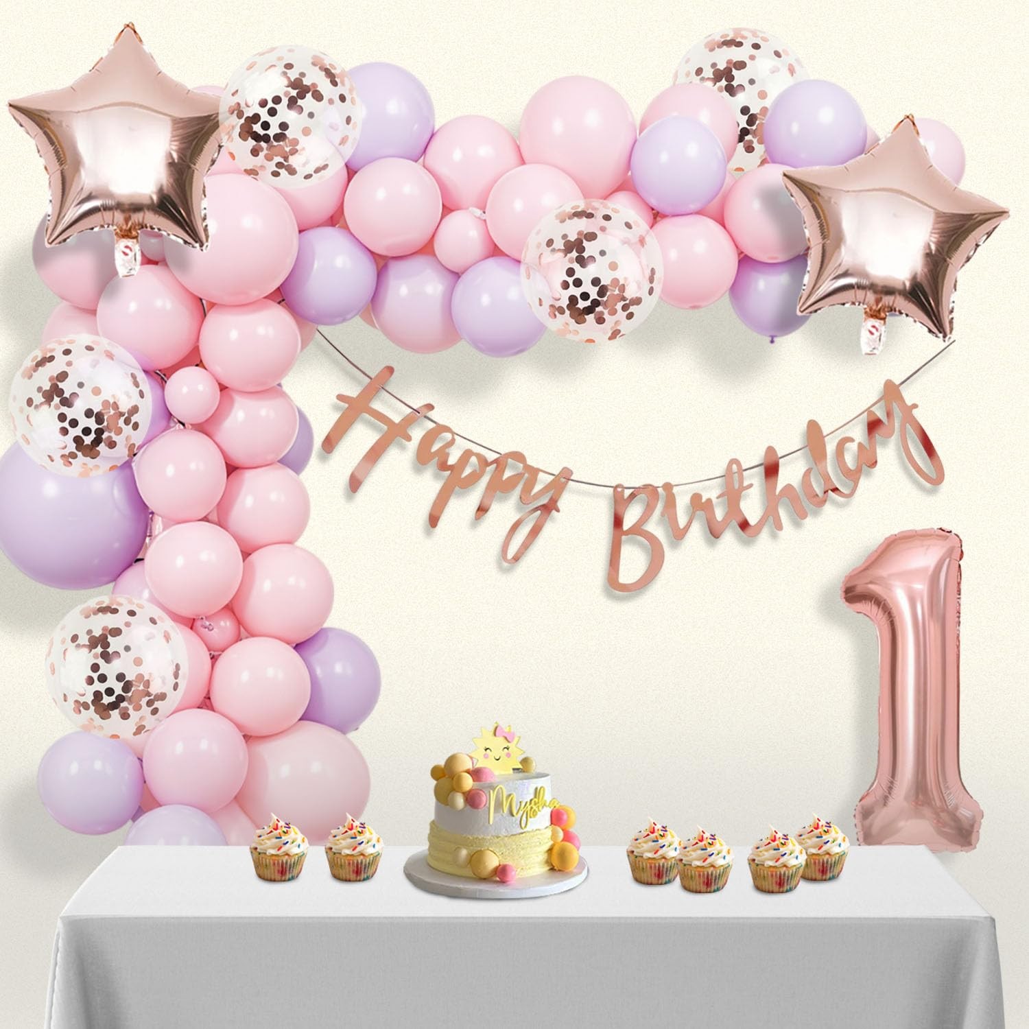 Party Propz 1st Birthday Decoration Items for Baby Girl- 39 Pcs, Rose Gold Happy Birthday Banner (Cardstock), Happy Birthday Decoration Kit for Girl, Pink Balloons for Decoration, 1 Foil Balloon