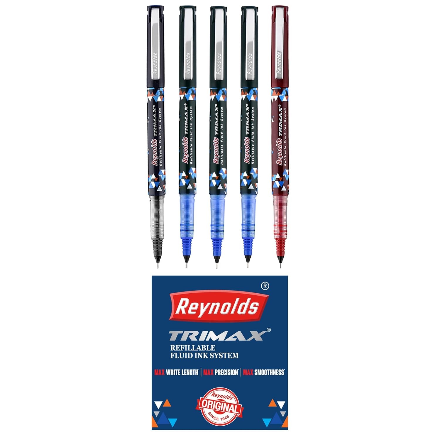 Reynolds TRIMAX RollerBall Pen SET - 5 PENS (3 BLUE 1 BLACK 1 RED) ROLLER BALL PEN FOR WRITING  PEN FOR STUDENTS & OFFICE STATIONERY  0.5 mm TIP SIZE