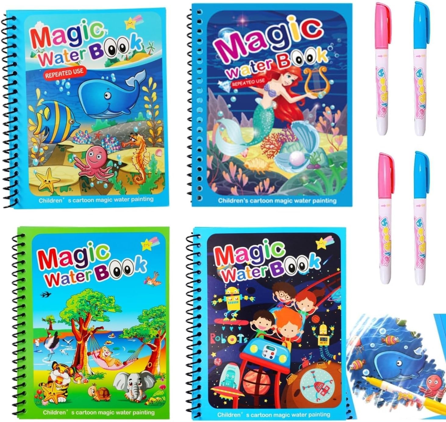 Toy Imagine 4-Pack Water Magic Coloring Books with Refillable Pens - No-Mess Water Reveal Activity Book Set for Kids - Reusable & Travel-Friendly