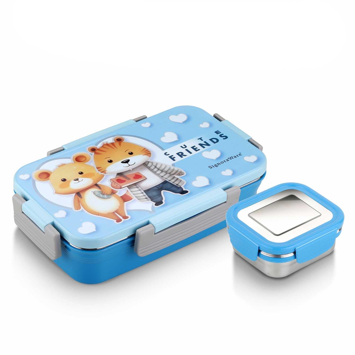 Signoraware Nugget Stainless Steel Printed Lunch Box for Kids | Outer Plastic Puff Insulated Airtight Lid with Clip Lock | Leakproof Container | School,Picnic, Travel (700+130Ml | Sky Blue)