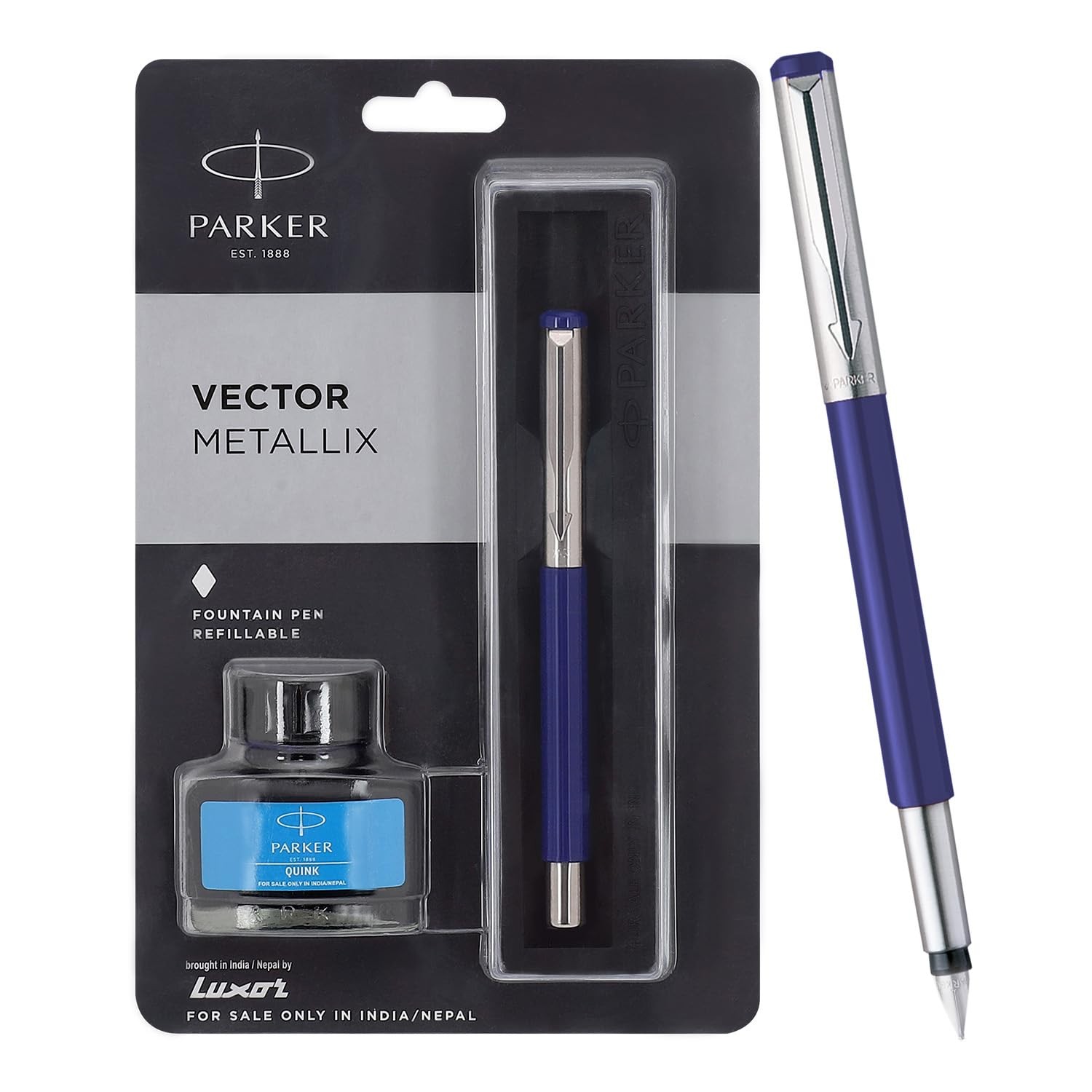 Parker Vector Mettalix Fountain Pen with Quink Ink Bottle  Ink Color Blue Blue Body with Chrome Trim, Refillable Fine Nib Pen  Smooth Writing Gift Set for Students, Writers, and Professionals