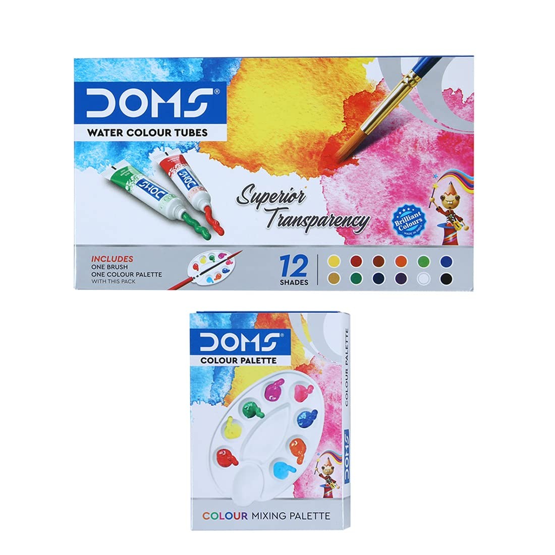 Doms 12 Shades Water Color Tube Set | Easy to Intermix & Recreate Vivid Shades | Creates Transparent & Translucent Effect On Any Watercolor Surfaces | Free Brush & Pallete | Pack of 1