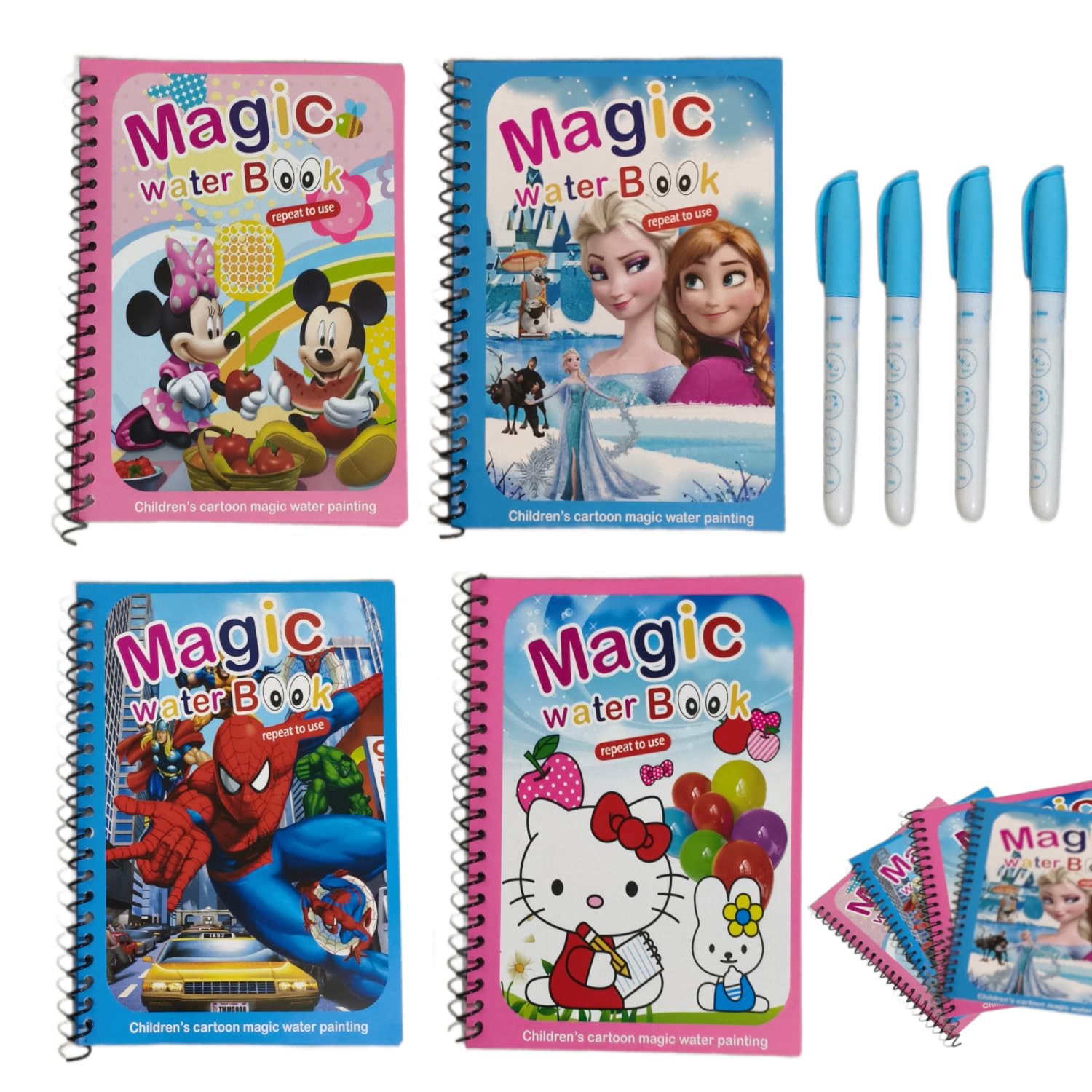 Magic Water Colouring Book for Kids – Reusable Water Doodle Book with Magic Pen | Mess-Free Drawing & Painting Activity for Toddlers, Babies, Kids Boys & Girls(Pack of 4)
