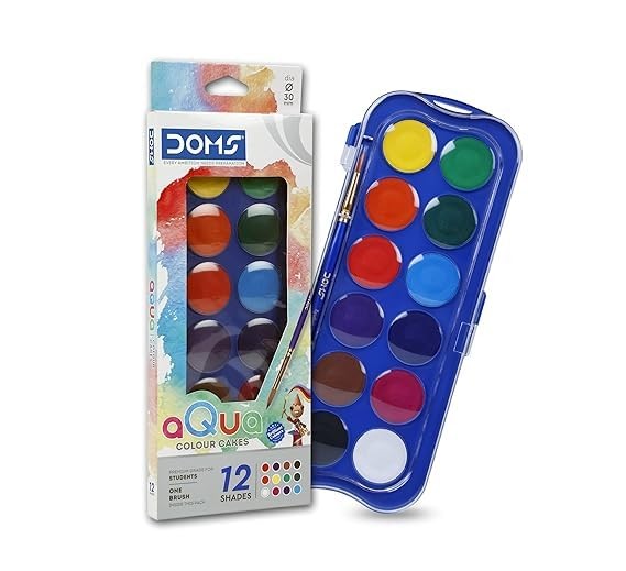 Doms 12 Shades 30mm Water Colour Cakes | Easy To Use Palette Lid | Organic Rich Colour Pigments | Free Brush Inside | Non-Toxic & Safe For Kids | Pack of 1