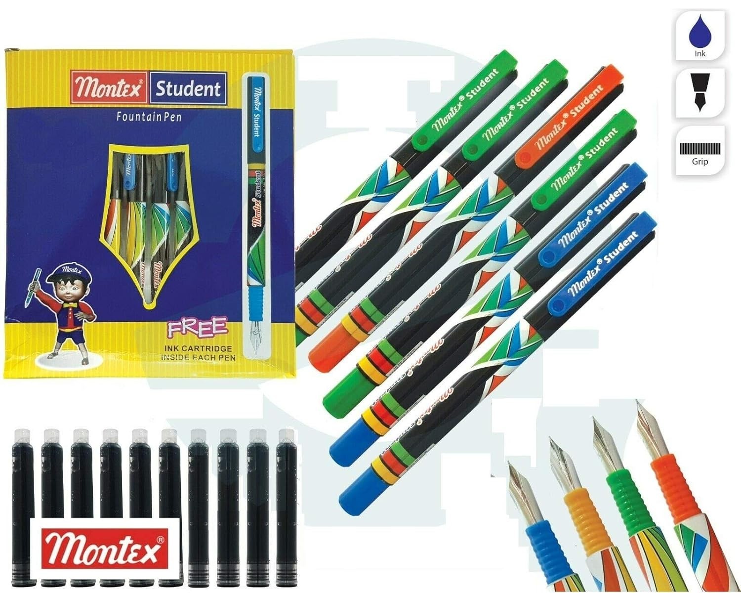 Montex Student Fountain Pen (Pack Of 10) With (Free Ink Cartidge Inside Each Pen) By Dtl Company,Blue