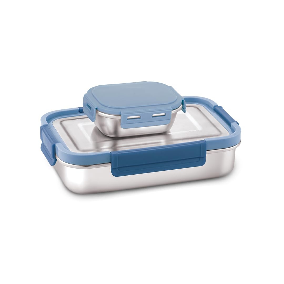 WARMEO DELTIN Stainless Steel Airtight Leak-Proof Lunch Box,Light Weight, Easy to Clean, Perfect for Office, School, Picnic & Travelling, Combo(800ml+150ml) Steel Blue