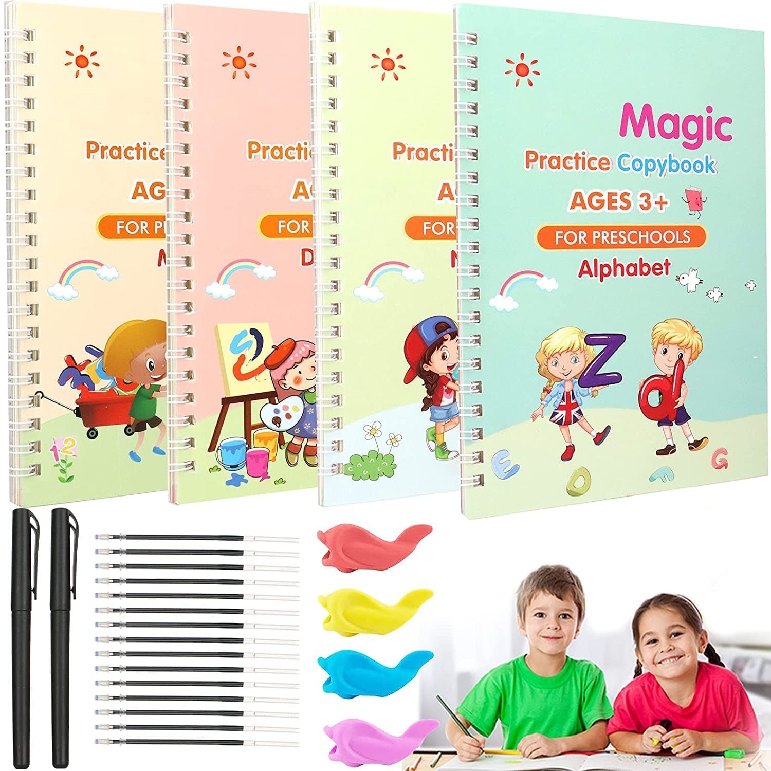 Magic Practice Copy Book for Pre-School Kids, Re-Usable Drawing, Alphabet, Numbers and Math Exercise for Children (4 x Books,5 x Refill,1 x Pen,1 x Grip),Multicolor