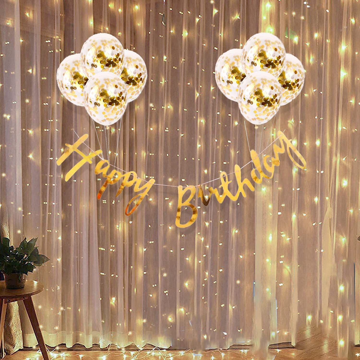 HEMITO Happy Birthday Combo 10 Pcs- Gold Birthday Paper Banner with 8 Confetti Balloons + LED Light for Boys Girls Wife Adult Husband Mom Dad/Happy Item Set |Birthday Decorations Kit (Premium Gold)